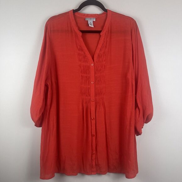 Catherine's Top Sz 0X Red Orange Pleated Button Front Blouse Sheer Flowy Boho - Picture 1 of 8